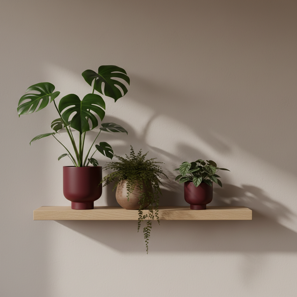 A delicate arrangement of lush, deep green houseplants in minimalist, matte wine-red and earthy brown planters. The plants exhibit rich textures—thick, glossy monstera leaves and slender, arching ferns. All are placed on a floating wooden shelf against a soft, muted beige wall, creating a serene backdrop. Diffused overcast light filters in from the left, gently illuminating the foliage and casting elongated, understated shadows. The composition is balanced, using the rule of thirds and emphasizing negative space as part of the minimalist design. The overall feel is refined, tranquil, and organically elegant, echoing the site’s sophisticated personality and nature-inspired diary theme.