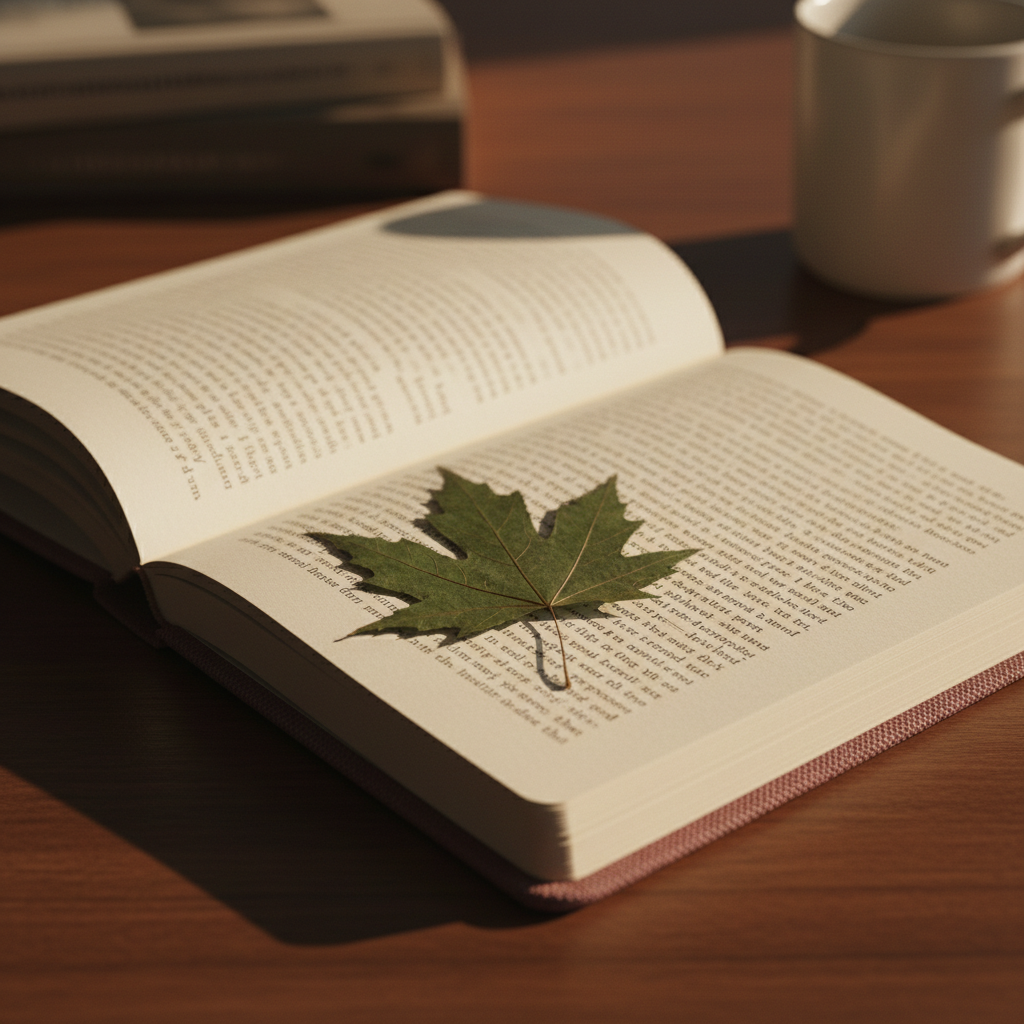 A close-up of an open diary resting on a smooth, walnut-toned table. The diary is bound in a sophisticated, muted maroon cover with a textured surface. Its pages are filled with typewriter-style font, capturing snippets of a story in soft brown ink. A single pressed leaf, deep green with veined detail, marks the current entry. Subtle, directional lamp light highlights the textures of paper and cover, casting long, delicate shadows. The scene is shot at an oblique angle with sharp focus on the diary and a softly blurred background. The atmosphere is contemplative and intimate, embodying minimalist aesthetics and supporting the blog’s theme of personal reflection.