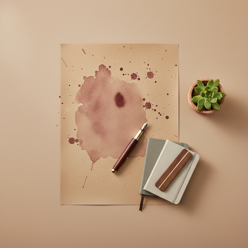 A refined flat lay composition featuring textured brown paper, minimalist splashes of deep wine-red watercolor, and a vintage fountain pen with gold accents. Linen-bound notebooks, a polished wooden bookmark, and a small, hand-potted succulent add tactile variety. Arranged on a soft mushroom-colored background, the elements are carefully spaced for visual balance. Overhead diffused daylight creates a soft, even glow without harsh contrasts, allowing the subtle color gradations and textures to come forward. The mood is creative, quiet, and composed—an elegant nod to storytelling, self-expression, and the sophisticated yet minimalist design of a personal blog.