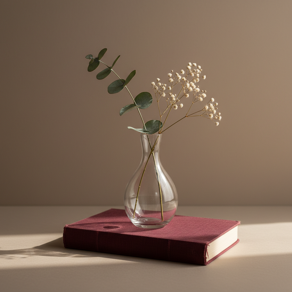 A still life of a single, elegant glass vase holding a minimal arrangement: one slender eucalyptus stem and a sprig of dried baby’s breath. The vase sits atop a closed, hand-bound book with a wine-colored linen cover, against a backdrop of a smooth, taupe wall. Soft natural morning light filters from the right, producing gentle gradients across the vase and delicate, elongated shadows from the plant stems. The image is composed centrally with generous negative space, adopting a clean, photographic style that exudes calm sophistication. The combination of refined organic textures and muted palette subtly references personal growth and the intimate aesthetics of diary-keeping.