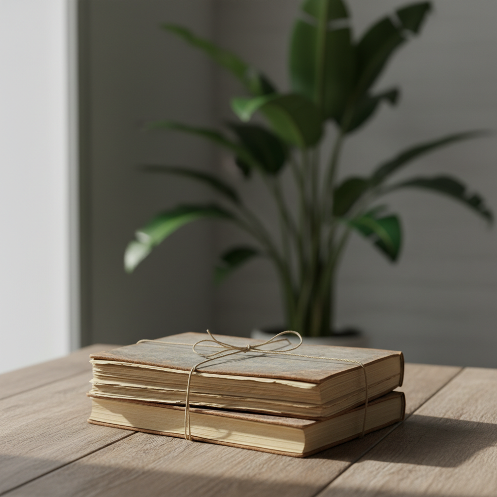 foto minimalista de diários velhos com plantas no fundo