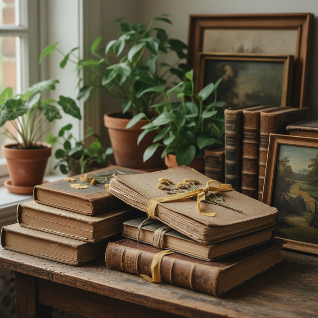foto minimalista de diários velhos, plantas ao fundo, com mais livros e algumas pinturas aparecendo na composição