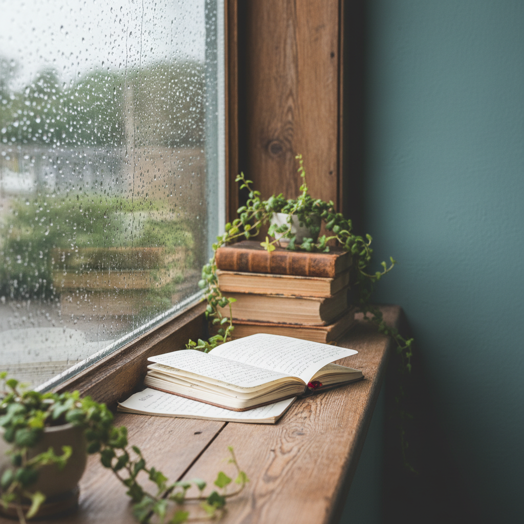 janela com chuva, alguns livros velhos e diários com plantas, fundo minimalista com uma cor que combine com marrom destacada após a janela