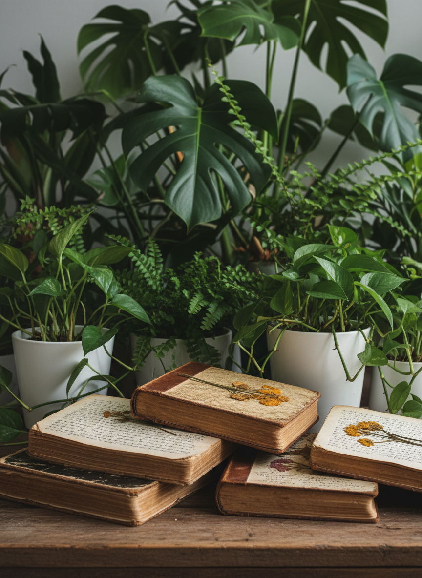 vários diários meio velhos com um fundo de plantas limpo