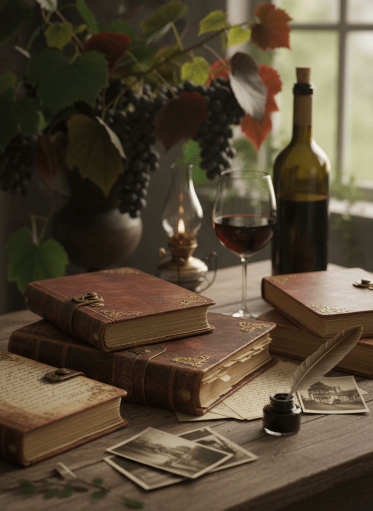 gerar uma imagem com alguns diários velhos em cima de uma mesa com o fundo com plantas que combine com o vinho