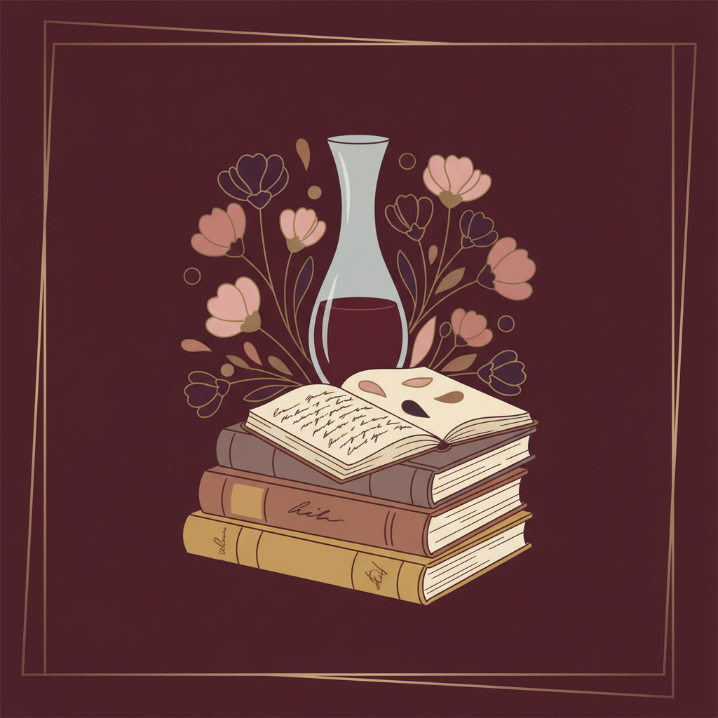 crie uma iamagem minimalista que combine com um fundo vinho, com flores e vinho e muitos livros e diários velhos